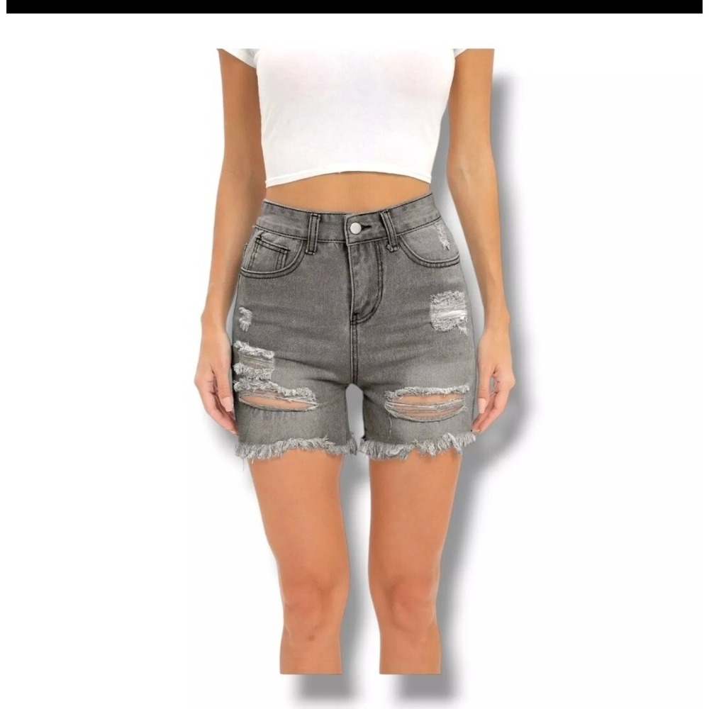 Distressed Denim Shorts Gray Frayed Hem Ripped Jean Shorts Casual Large